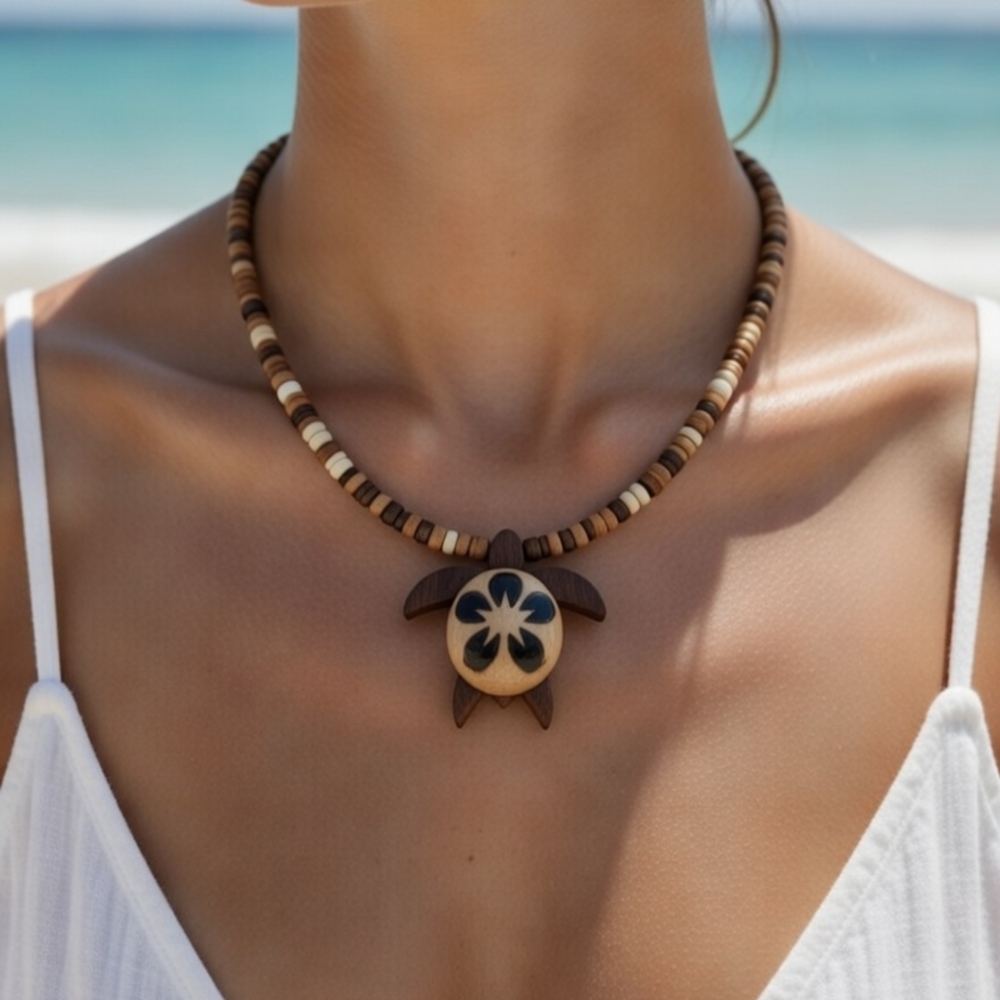 Handmade Wooden Sea Turtle Necklace Boho Beach Pendant Adjustable Beaded
